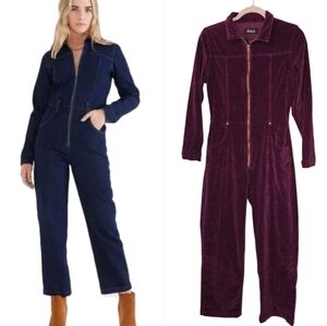 Etica‎ Plum Purple Velvet Corduroy Zip Front Long Sleeve Utility Jumpsuit
